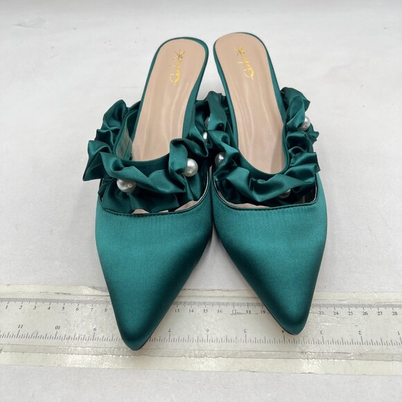 XYD Dark Cyan Pointed Toe Low Heel Mules with Ruffle Pearls Beaded Strap Sandals - Picture 3 of 8